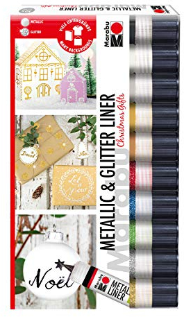 Marabu 1803000059595 - Metallic & Glitter Liner Set Christmas Gifts, 10 x 25 ml, universelle Effektfarbe auf Wasserbasis mit Metallic- und Glitzereffekt, für Verzierungen, Linien und Ornamente