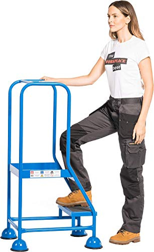 The Workplace Depot Pre-Assembled Mobile Safety Steps – Robust Steel Frame, Dual Handrails & Anti-Skid Treads – Secure & Compact Workplace Access Solution for Storage, Warehouses & Offices (2 Tread)