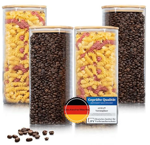 ANWA® eckige Vorratsgläser mit Deckel (4x1.6l) - robuste Vorratsbehälter quadratisch - luftdichte Vorratsdosen aus Glas mit Deckel - Glasbehälter mit Deckel - Aufbewahrungsgläser