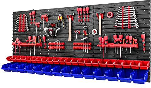 PAFEN Lot de 36 boîtes à outils empilables en plastique Rouge/bleu Modèle 1728 x 780 mm Étagère murale d'atelier Boîte de rangement murale perforée