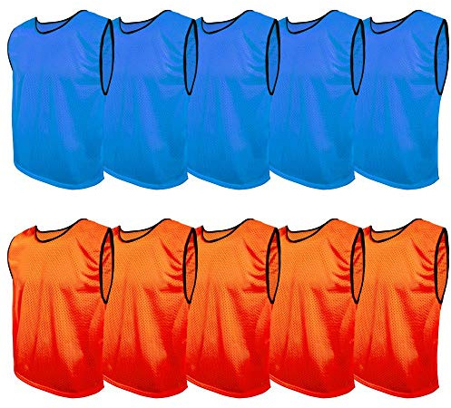 SPORTSBIBS Fußball Leibchen Set 10 Stück: 2 Farben - 5 von jeder Farbe, für Kinder und Erwachsene, Markierungshemd-Trainingsleibchen ohne Logo, Team-Spiel Bibs für Herren Damen Senioren Junioren