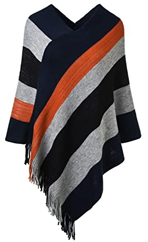 Ferand Pullover poncho tröja frans virkad topp för kvinnor med djärva ränder – sjal för kvinnor, Marinblå och svart, L/XL
