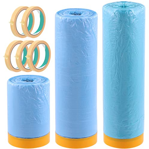 Mardatt 3 Roll Pre-Taped Masking Film with 5pcs Tape Set, 55CM*21M, 110CM*21M, 150CM*21M Tape and Drape Adhesive Masking Film with Masking Tape for Automotive Painting Covering Furniture Protection