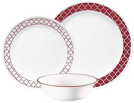 Corelle 1147166 Geschirr-Set (12-teiliges Set, karminrotes Rankgitter) - Geschirr-Set für 4 Personen, 4 x Speiseteller, Beilagenteller und Schüsseln, 3 x langlebiger, halb so viel Platz und Gewicht
