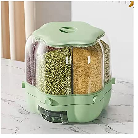 Grain Dispenser Rice Bucket Dispenser 6 Compartments 360° Rotating Multigrain Storage Tank,Rice and Grain Storage Container, One-Click Output Grain,Snack,Candy,Coffee Bean,Green,A1 (Light Green A)