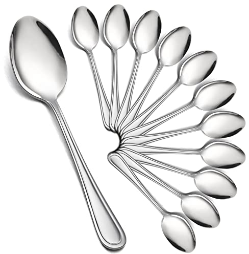 HaWare 12-teiliges Teelöffel-Set, Edelstahl-Dessert-Kaffeelöffel, kleine Metall-Kuchenlöffel für Zuhause, silberfarbene und gefütterte Kante, hochglanzpoliert und spülmaschinenfest (14 cm)