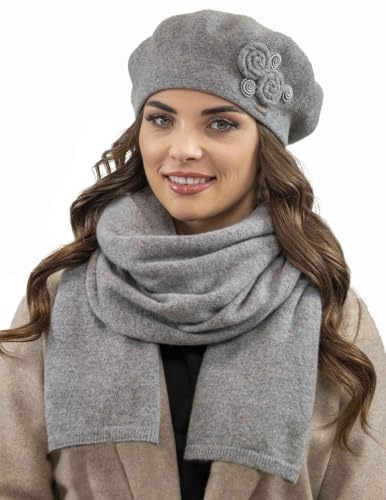 VIVISENCE Baskenmütze Damen Winter Elegante Mit Klassischem Herbst Frauen Mütze Schnitt Warmer Wollmischung Floraler Applikation Perfekter Passform Ideal Für Kalte Tage Modell 7037