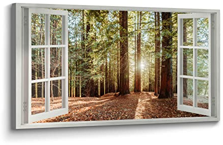 Window Forest Wall Art Canvas: Nature Painting Sunrise Landscape Print Living Room Bedroom Scenery Picture Relaxing Large Wilderness Artwork Decor for Home Office