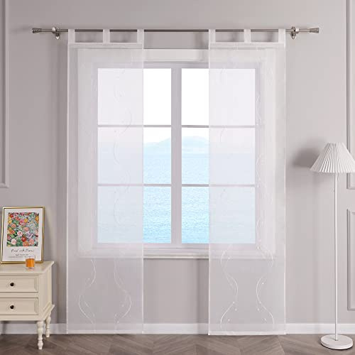 ESLIR Schiebegardinen Voile Flächenvorhänge Set 2er Schiebevorhang Wohnzimmer Gardinen mit Schlaufen Transparent Vorhang Bestickt Weiß BxH 57x245cm 2 Stück