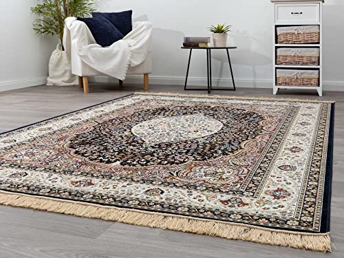 Steffensmeier Kurzflor Teppich Riad | Wohnzimmer | Orient | Pflegeleicht | Kirman Schwarz, Größe: 67x210 cm