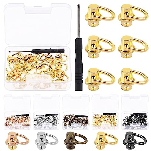 Glarks 21Pcs D Ring Rivets 5 Colors Ball Post Head Buttons Metal D Ring Stud Rivets Rotatable Round Rivets with Screwdriver, for Bags, Belts (Gold)