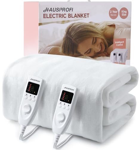 HAUSPROFI Electric Blanket King Size, Heated Underblanket Bed Warmer with Dual Control 5 Heat Settings 10 Timer Settings Soft Fleece Polyester, Machine Washable with Detachable Control