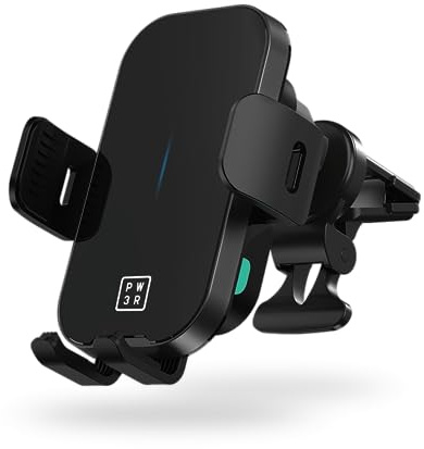 PW3R Universal Wireless Car Charger with Auto-Aligning Charging Coil | Compatible with MagSafe and QI Devices, 5W-15W Charging Car Phone Holder with Air Vent and Telescopic Mount