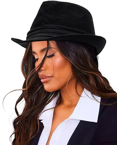 Unisex Classic Manhattan-Gangster-Fedora-Hat Short-Brim Trilby Hat - Women Men Wool Felt Winter Structured Hat with Band(S/M)