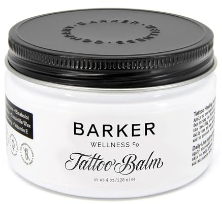 Barker Wellness Tattoo Balm - Natural Vegan Aftercare with Bisabolol, Helichrysum & Vitamin E - Brightens Old Tattoos, Protects New Ink, Soothes Healing Skin - Non:Greasy, Petroleum-Free, 4 oz.