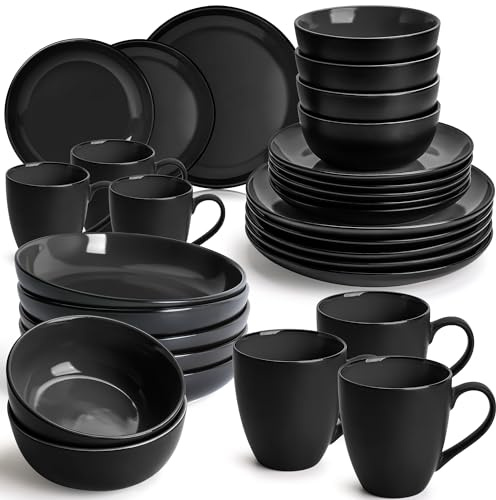 MIAMIO - Geschirrset/Tafelservice Keramik (30-teilig)-Le Papillon (Schwarz) | Tafelservice Steingut für 6/große, kleine & tiefe Teller, Schüsseln & Kaffeetassen, Keramik Geschirr Set - spülmaschinenfest