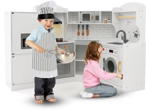 Maxmass Kids Corner Kitchen, Wooden Children Play Kitchen with Light & Sound, Ice Dispenser, Accessory Utensils, Toddler Role Play Cooking Playset for Girls Boys (White without Telephone)