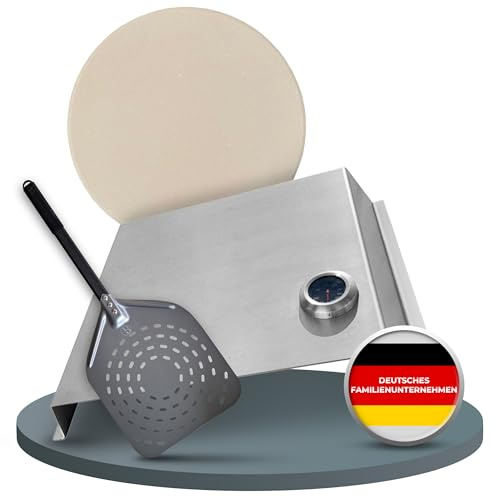 BABOSSA Pizzaset für den Grill – Komplettlösung mit Pizzastein, Pizzaschieber & Haube – alles für Pizza vom Grill wie beim Italiener – passt auf Gasgrill, Holzkohlegrill & viele Modelle
