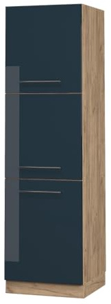 Vicco Vorratsschrank Fame-Line, Dunkelblau Hochglanz/Goldkraft Eiche 60 cm | MDF-Front · Soft-Close · Höhenverstellbare Füße · Metallgriffe · ✓ Frei kombinierbar
