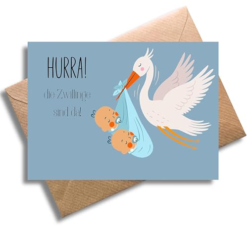 Biglietto di auguri con busta, bellissimo biglietto di auguri per la nascita di bambini gemelli Hurra! I gemelli sono qui! Grazioso biglietto regalo per gravidanza, nascita, gemelli, baby shower (DIN
