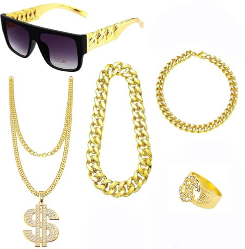 Hip Hop Rapper Kostüm, Zuhälter Kostüm Goldkette Fasching, 5 Stücke Hip Hop Kostüm Set, 80er Jahre Kostüm Goldene Dollar Kette, 80s/90s Rapper Accessories, Hip Hop Schmuck Gold