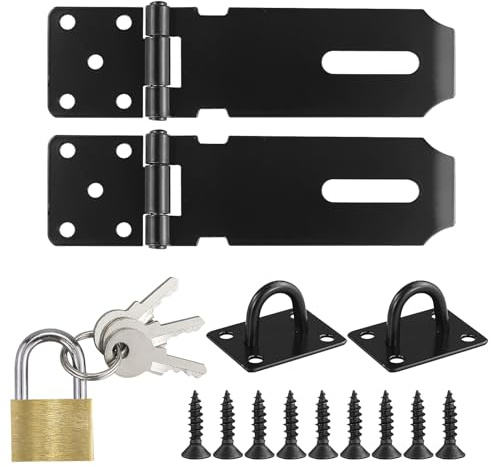 2 Sets Padlock Hasp 4 Inch Stainless Steel Hasp and Staple Heavy Duty Security Clasp Lock Latch Hasps with 1 Imitation Brass Lock with Screws for Shed Door Lock Window Cabinet(Black)