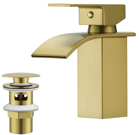 BESy Bec Cascade Robinet Salle de Bains, Mitigeur Lavabo à Une Poignée, Robinet Lavabo RV, Acier Inoxydable, Finition Dorée Brossée | Mitigeur Monocommande Salle de Bains, Cartouche Céramique, Montage Monotrou, Flexible 70cm Inclus, Économie d'Eau