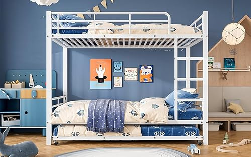 Kebnor 90x200cm&90x190cm Eisenbett, Etagenbett, Geeignet für Kinder und Jugendliche, mit Ausziehbett, Vier Seitengitter am oberen Bett, Eisen (Weiß)