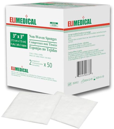 Elimedical Lot de 100 Compresses de gaze non tissées, Stériles - Ultra doux - pour spa, soins des plaies faciales, premiers secours (3x3(7.5x7.5cm)-4ply)