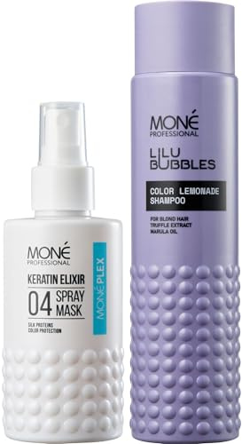 MONÉ Professional Champú Rubio y Spray 10 en 1 Set, No Violeta | Champú 300 ml más el spray desenredante 10 en 1 con protección térmica, 150 ml. Sin pigmento violeta. Uso diario.