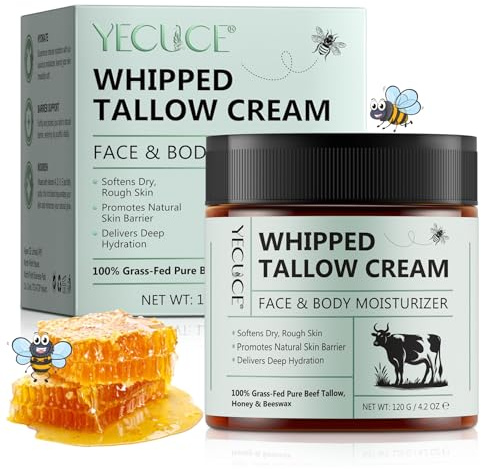 P-Beauty Naturlig hudvårdskräm med nötkött talg & honung – Whipped Tallow Cream – fuktgivande ansiktskräm hudkräm – utan parabener silikoner och dofter – för torr och känslig hud