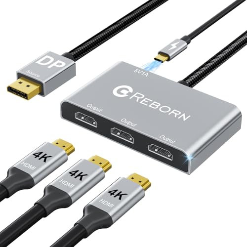 Reborn DisplayPort to HDMI Multi Monitor Adapter, DP to 3X HDMI MST Hub (4K@60Hz) for Extended or Cloned Display Mode, Display Port to 3X HDMI Port with PC, NVIDIA, AMD