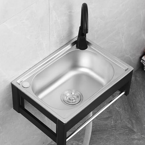 GLJTUO Lavello A Parete, Stazione Lavamani Portatile, Lavello in Acciaio Inox A Una Vasca Profondo 7 Pollici, con unità di Scolo E Rubinetto, Piccolo Lavello Angolare per,Silver-B-38x32x18cm