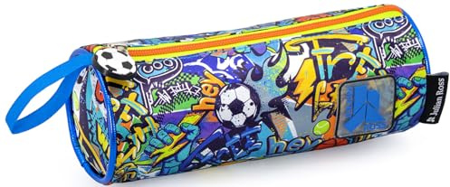 Julian Ross Federmäppchen & Schlampermäppchen – Grün-blaues Rollenmäppchen – 21x8 cm – Für Schule (Klasse 1–6) – Reißverschluss – Geschenk für Jungen – Sport Design mit Fußball & Basketball