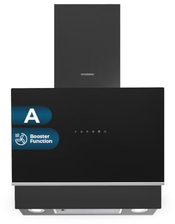 Hyundai Cappa aspirante inclinata 60 cm vetro nero HCPD600AN. Potenza 253 m3/h, doppio tiro, 4 velocità, controllo tattile, filtro lavabile in lavastoviglie.