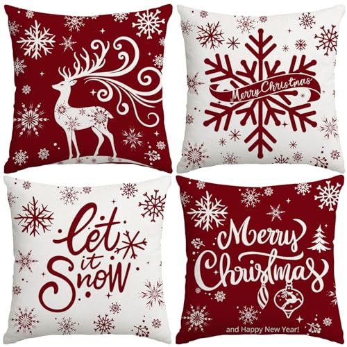 Miaikoe Frohe Weihnachten Kissen Abdeckungen 50x50cm Schneeflocken Lassen Sie es Schnee Elch Winterurlaub rote Kissenfälle für Weihnachten Urlaub Coach Sofa Dekorationen Set von 4