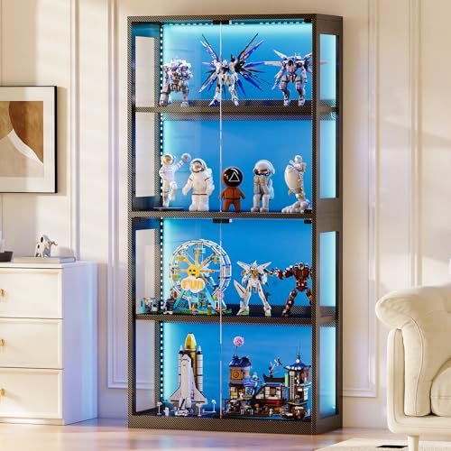 Coleshome Vetrina in Vetro con Ante di Vetro, Vetrina Espositiva a 4 Ripiani con Luce LED, Vetrina per Collezioni, Libreria Alta per Soggiorno e Ufficio, Kit Anti-Caduta Incluso, Nero