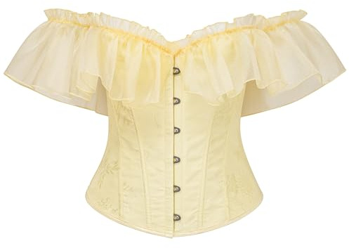 Bslingerie Corset pour femme, style victorien, épaules dénudées, broderie florale, bleu clair et jaune, manches à volants, jaune, XL