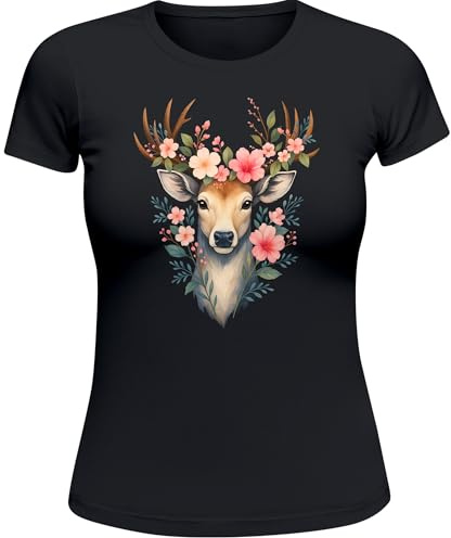 MoonWorks® Damen T-Shirt für das Oktoberfest Hirsch mit Blumenkranz Fun-Shirt Trachtenshirt Bierfest Outfit