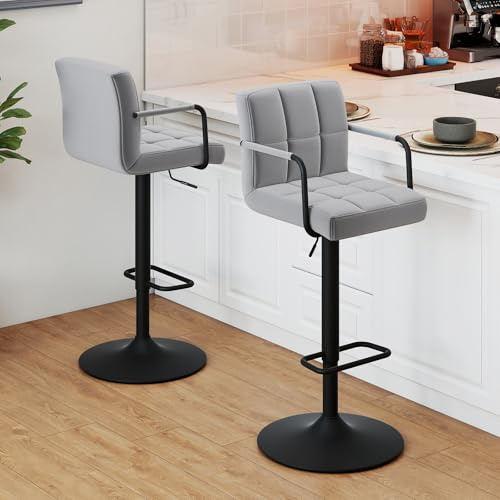 FurniSoar Lot de 2 tabourets de bar réglables pivotants avec accoudoirs et repose-pieds - Chaises de bar rembourrées pour cuisine et salle à manger - Gris velours