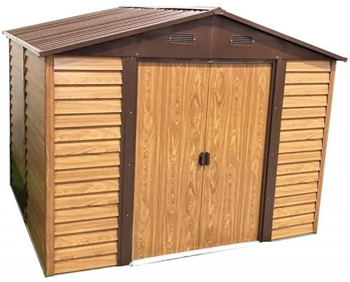 X-Metal Abri de Jardin Métal Aspect Bois 4,6m² | Rangement Extérieur Hauteur 177cm avec Kit Ancrage | Double Porte Coulissante, Aération, Résistant Intempéries - Marron