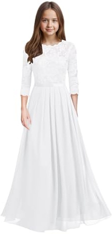 DTMVRAT White Lace Junior Bridesmaid Dresses Long Sleeve Flower Girls Dresses for Wedding Guest First Communion Dress Size 9
