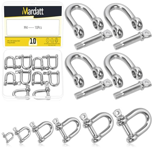 Mardatt 10 Stück M4 304 Edelstahl-D-Ring-Schäkel, Schraubbolzen-Ankerbügelschäkel, Schäkel in Marinequalität für die Konstruktion von Schwerlast-Abschleppgurten