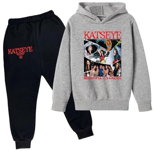 CCHZYSKO Katseye Hoodie Suit Girls/Boys Hooded&Pant Casual Pockets Sweatshirt for Long Sleeve Suit Chaos Tour Fan Joggers Set 02-Gray