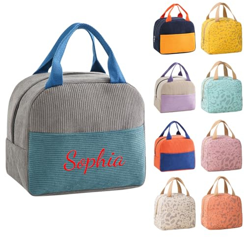 Générique Sac Isotherme Personnalisable en Corduroy - Lunch Box avec Broderie Personnalisée pour Adulte, Sac à Déjeuner Multicolore Spacieux pour Bureau, Pique-Nique et Sortie en Famille (gris)