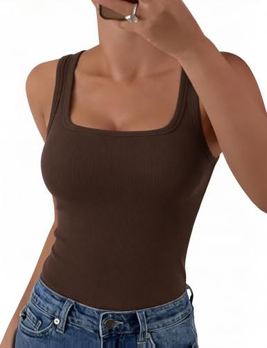 Aottori Women Tank Top Summer Sleeveless Vest Tops UK Ladies Square Neck Camisole Shirts Ribbed Fitted Plain Casual Basic Cami Undershirt