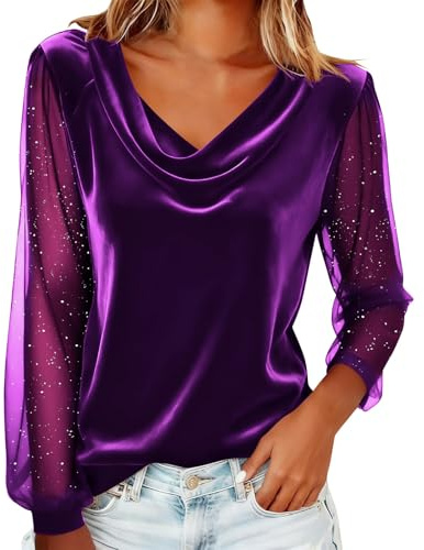 Lovraj Haut en velours pour femme - Manches longues - Patchwork - Élégant - Col cascade - T-shirt à manches longues - Couleur unie - Pour le Nouvel An, Violet, L