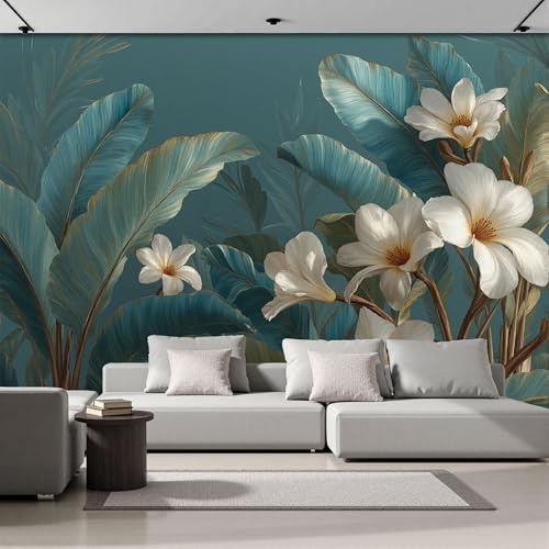 ZISTRCBAO Papier Peint Feuilles De Bananier Fleurs, Motif Papier Peint Panoramique Soie Élégance Plantes Tropicales 350x256cm Wallpaper Pour Salon Chambre Deco Murale, Vert