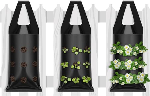 3Pcs Hanging Grow Bags, Flower Strawberry Planter Bags, Multifunction Vegetable Flower Strawberry Plant Grow Bag with 9 Holes for Vertical Gardening