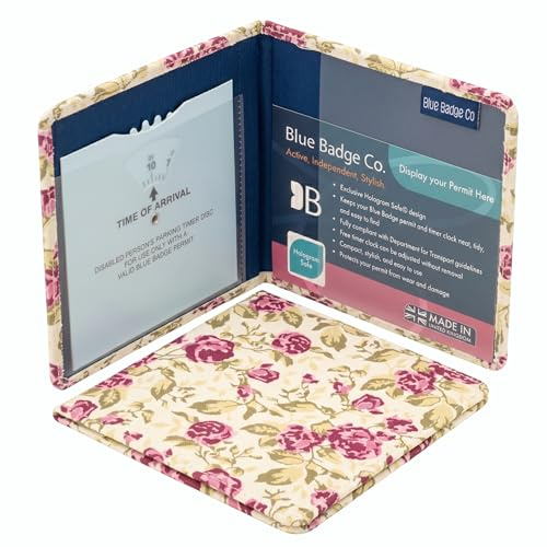 Blue Badge Co Print Purple Rose Print Fabric Hologram-Safe Wallet | Disabled Parking Permit Cover Holder Fits New Badge Includes Timer Clock Made in the UK